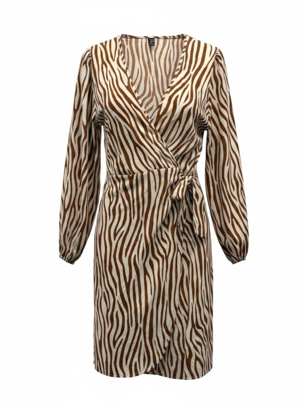 SHEIN Brown and Cream Zebra-Print Tie-Waist Long Sleeve Dress